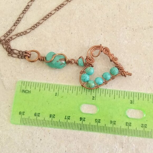Desert Goddess Vibes! Turquoise Magnesite + Copper ~ Beaded Heart Necklace - Picture 10 of 15